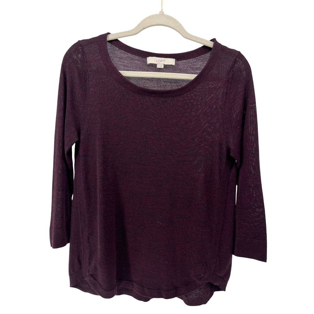 LOFT Womens Burgundy‎ Wool Blend Scoop Neck 3/4 Sleeve Pullover Sweater Small